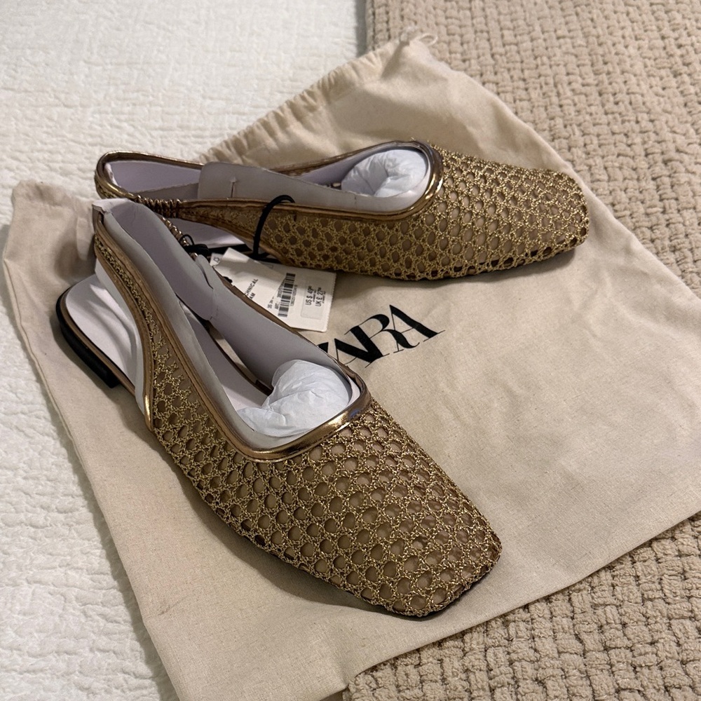 Zara Metallic Gold Woven Slingback Mules